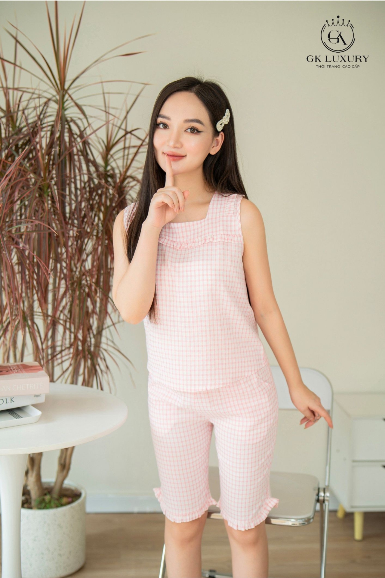 Đồ ngủ mặc nhà, đồ bộ sát nạch quần ngố caro chất liệu vải thô GK41